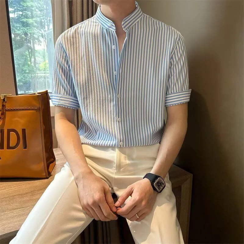 高端衬衫男士短袖2025年新款夏季冰丝寸衫男装高级感条纹衬衣男款