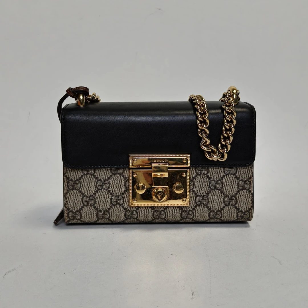 95新 GUCCI/古驰 【娇】锁头包 小号 20.5 黑色 皮革C 金扣110908