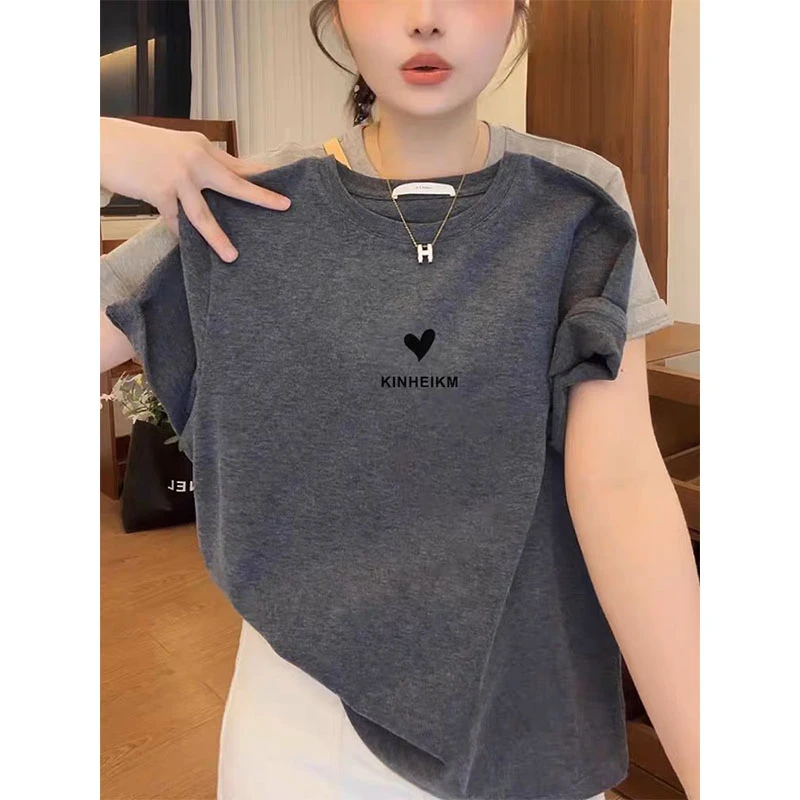 设计感小众正肩短袖T恤女2025夏季时尚百搭洋气深灰色上衣打底衫