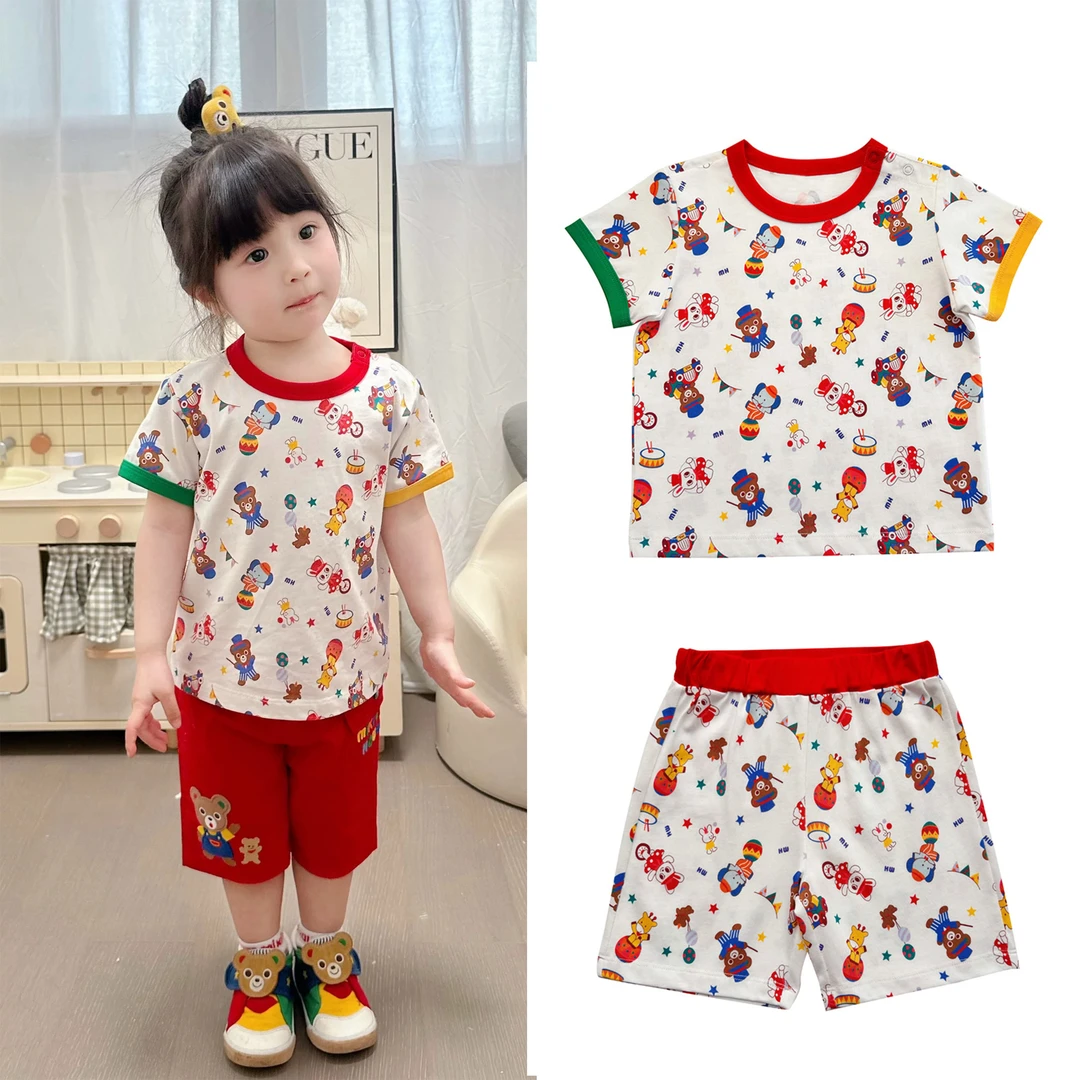 （现货）25夏款彩色满印熊兔 男女童柔软全棉短袖短裤T恤单品
