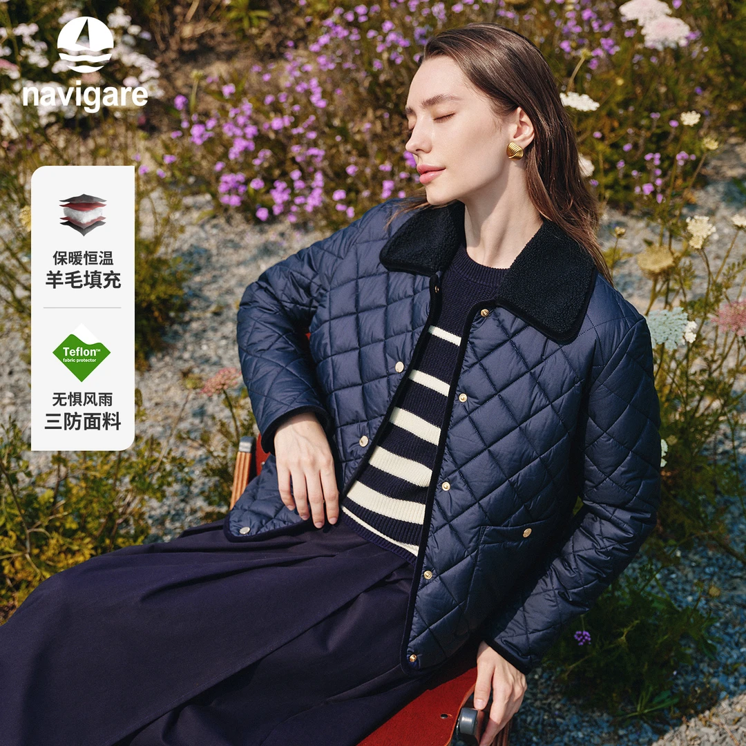 [三防]navigare意大利小帆船翻领保暖棉衣女羊毛填充菱格棉服外套