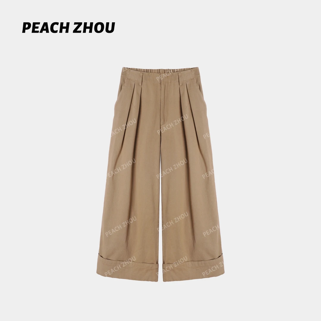 『PEACHZHOU』翻边压褶斜纹棉宽松休闲裤简约松紧腰松驰阔腿九分裤