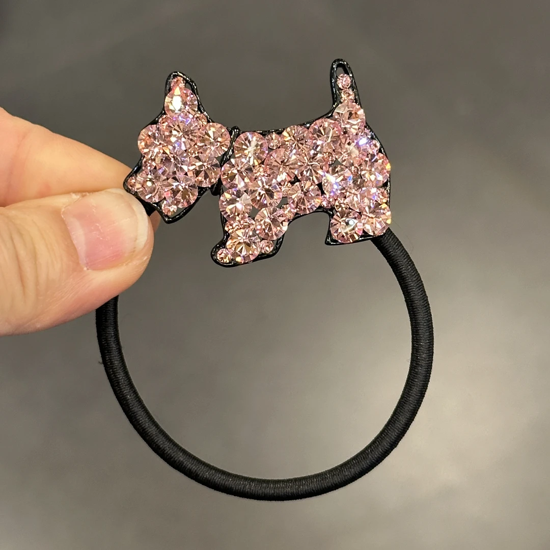 韩国以琳家 可爱小狗粉色闪钻发绳简约高弹力气质百搭发饰