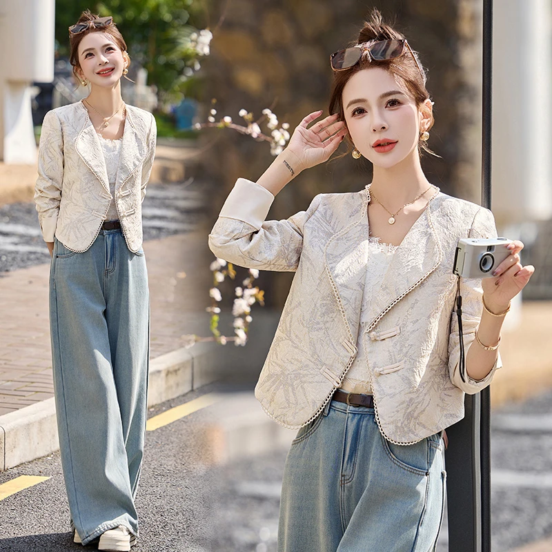 小个子新中式国风复古盘扣高级感提花短外套上衣洋气时髦春装新款