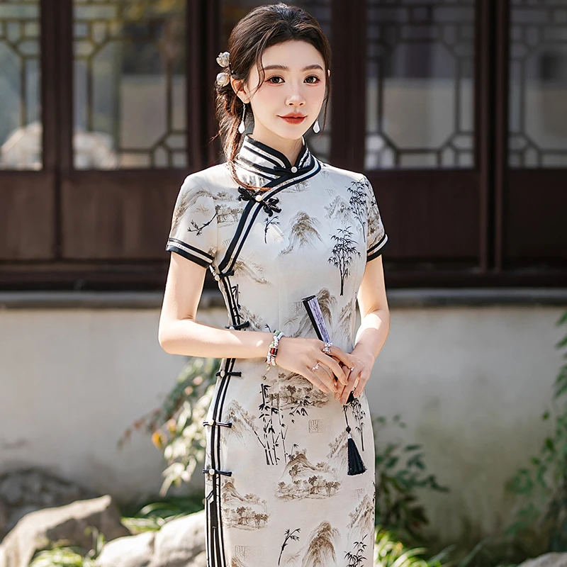 新中式旗袍高端夏季新款老上海日常可穿裙子复古素雅国风礼服盘扣