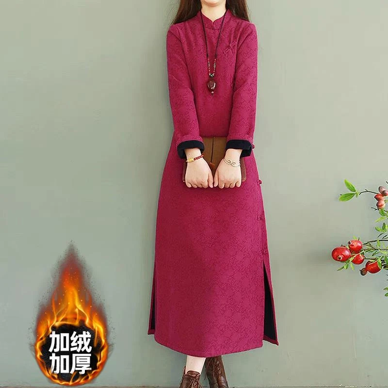 外贸出口品牌尾货女复古中式提花盘扣旗袍长裙加绒新款潮牌女装