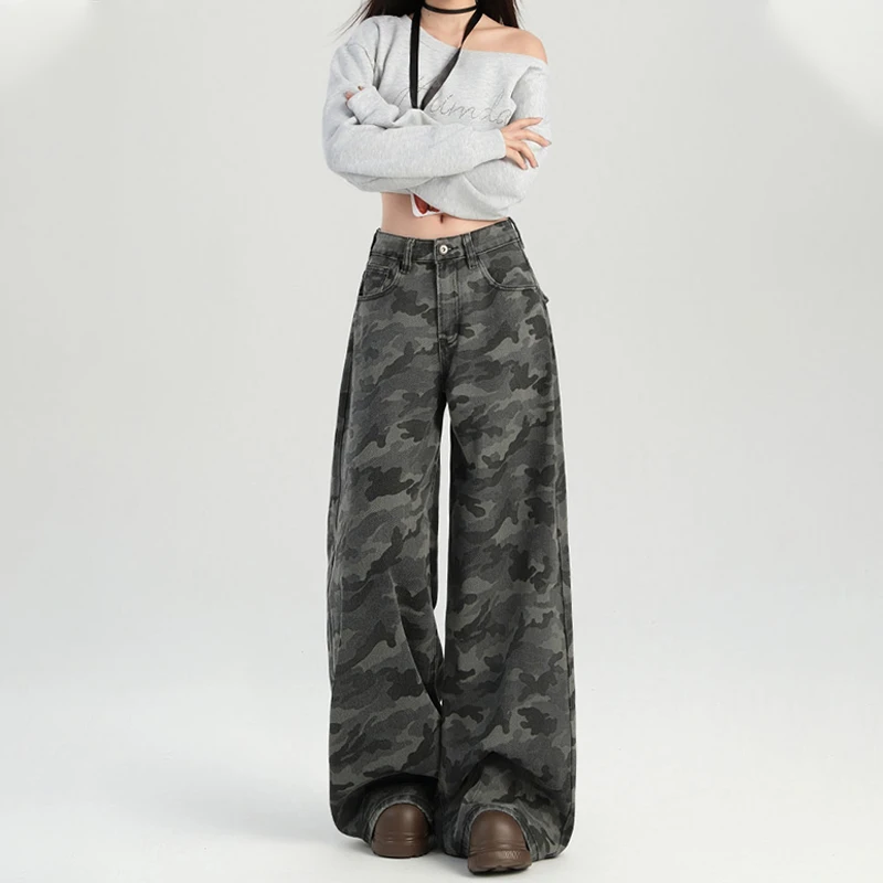 美式复古迷彩牛仔工装裤女夏季新款高街宽松阔腿显瘦直筒休闲裤子