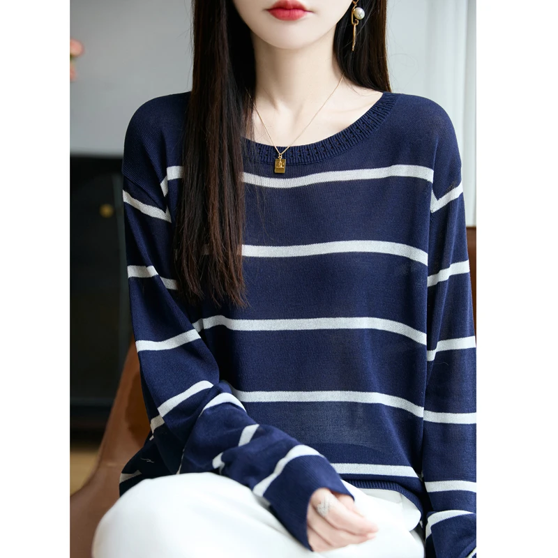 长袖T恤针织衫女2025条纹宽松防晒罩衫外搭薄款上衣