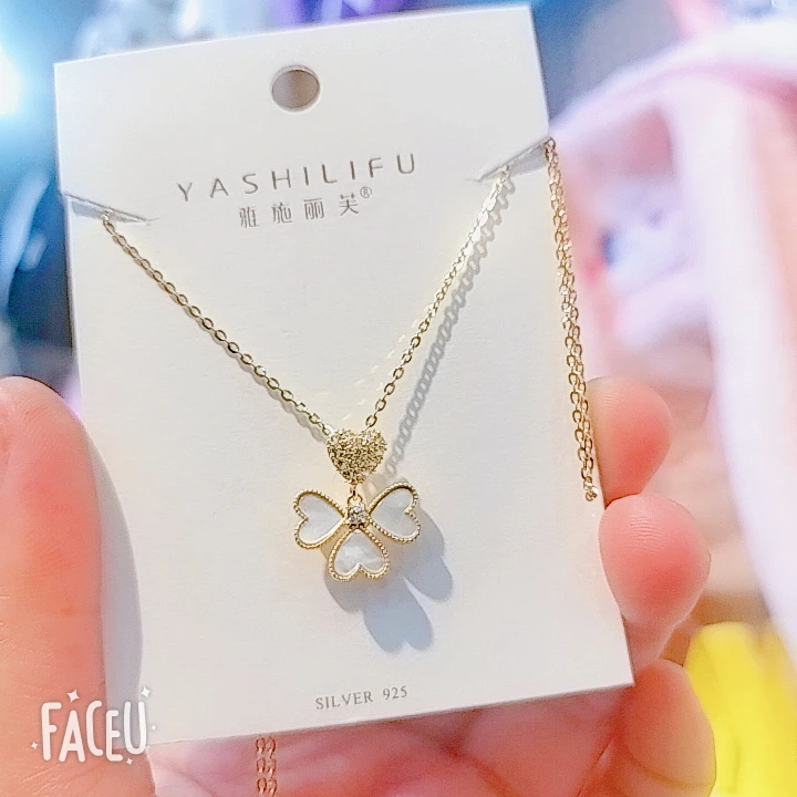 坠链均925银贝壳 通体银饰金色款银项链幸运草吊坠925银女项链