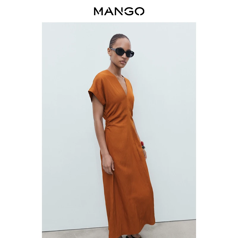年终折扣MANGO女装连衣裙2025秋装新款莱赛尔V领垂顺捏褶连衣裙