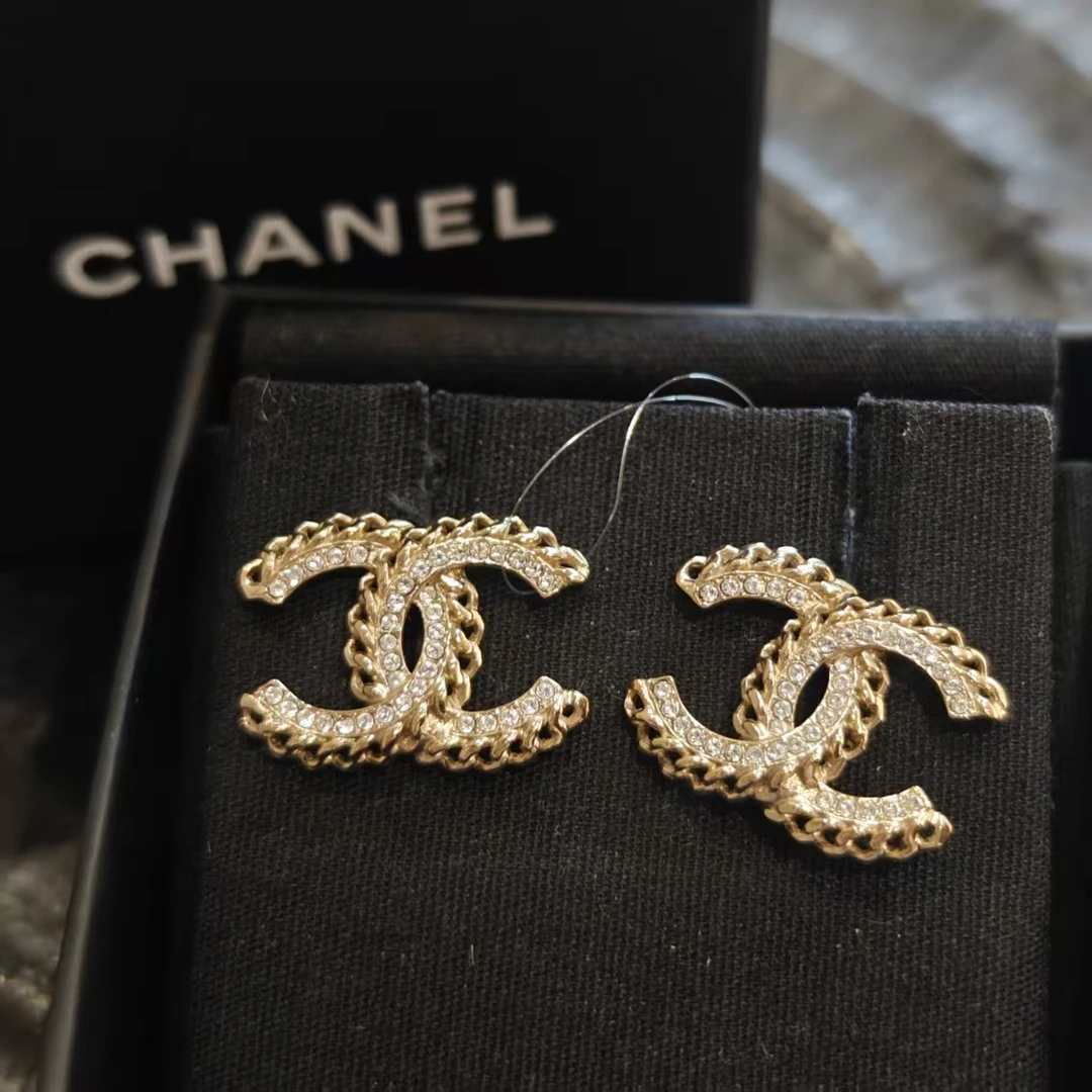 99新 Chanel/香奈儿 经典双c 镂空满钻 香槟金配色 耳钉