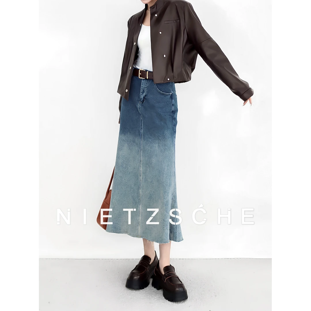 Nietzsche｜海牙牛仔半裙｜复古渐变 弹力显瘦鱼尾蓝色牛仔裙w1021