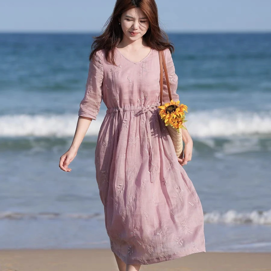 妈妈洋气苎麻连衣裙女薄款夏季2025新款收腰显瘦高端棉麻亚麻长裙