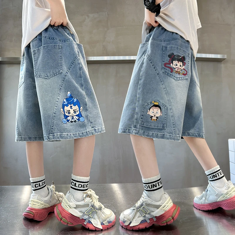 男童牛仔短裤夏装2025新款儿童装男孩中大童哪吒夏季薄款七分裤