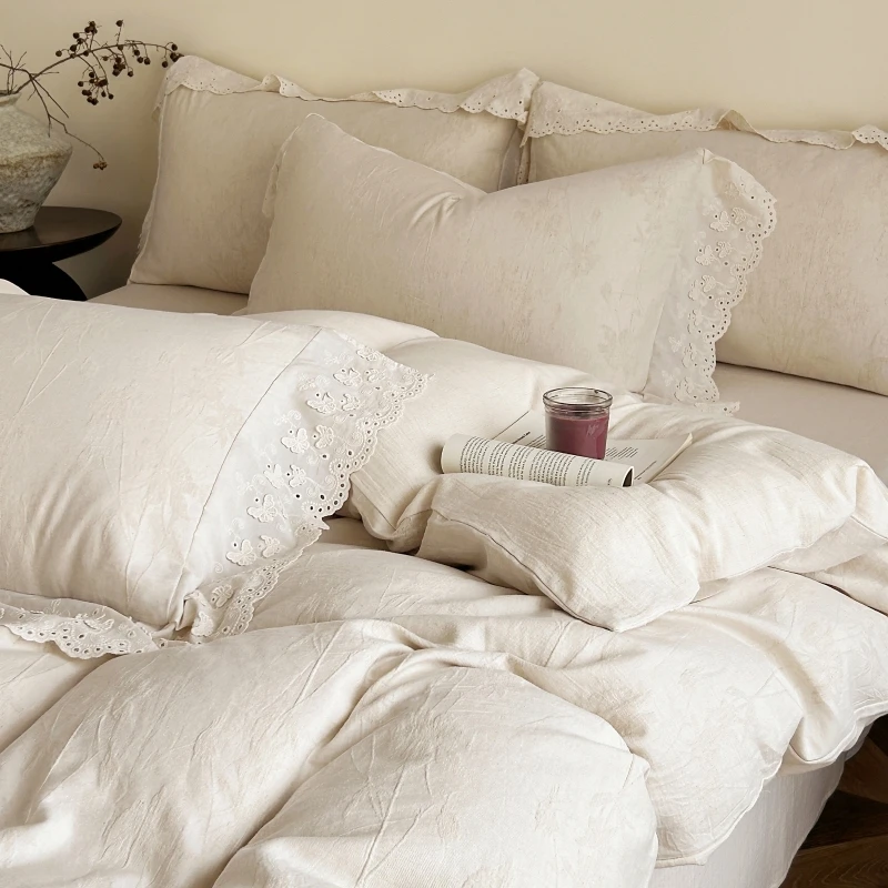 法式优雅超柔亚麻棉麻四件套透气纯棉提花被套床单四季全棉床品4