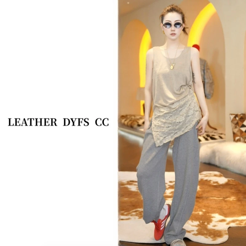 Leather Dyfs cc "克什米尔” 252361长款多色蕾丝三角标圆领背心
