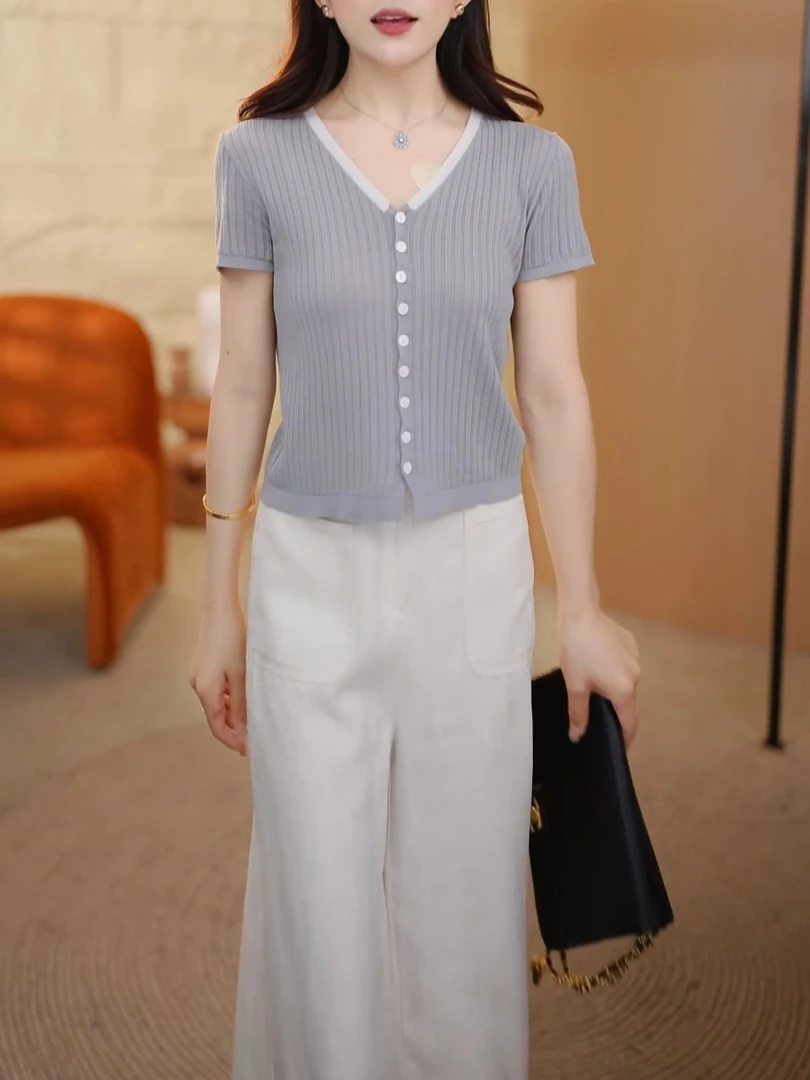 天丝+桑蚕丝夏季领薄款短袖开衫女2025新款百搭洋气显瘦纯色上衣