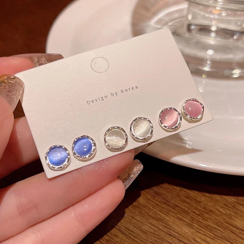 合金耳饰 925银针彩色几何猫眼石耳钉女小巧百搭耳环2024新款爆