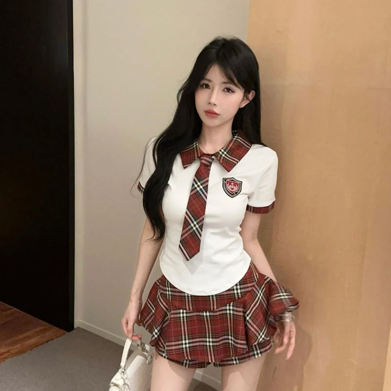 学院风套装女夏装搭配一整套polo领短袖jk制服高腰格子短裙两件套