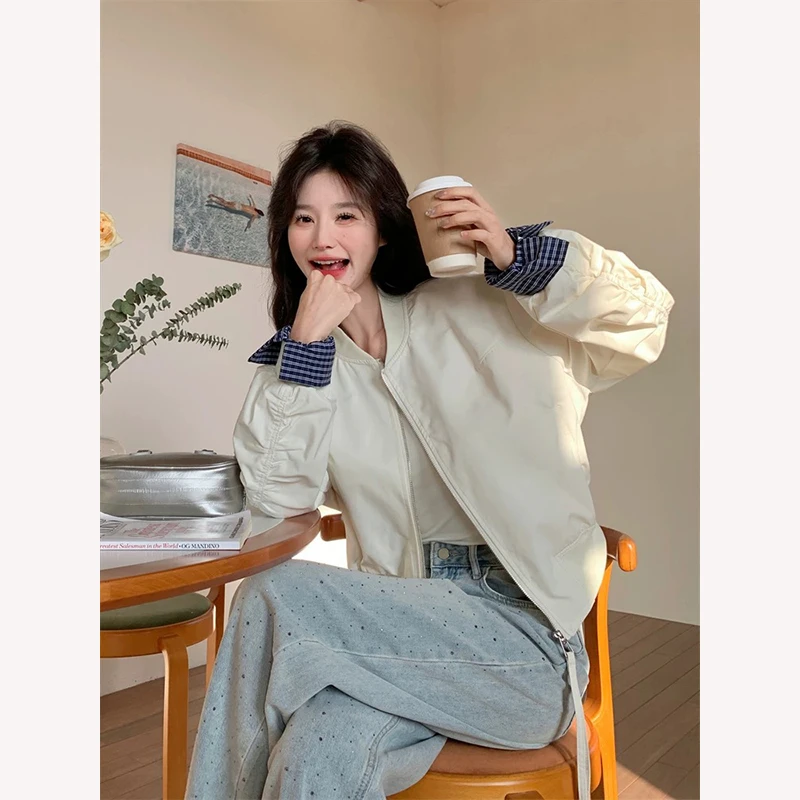 小个子上衣新款女短款外套韩版纯色韩版圆领棒球服户外通勤浅色潮
