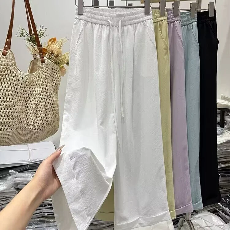 2025夏季新款九分速干松紧腰百搭休闲直筒女裤防晒纯色长裤阔腿