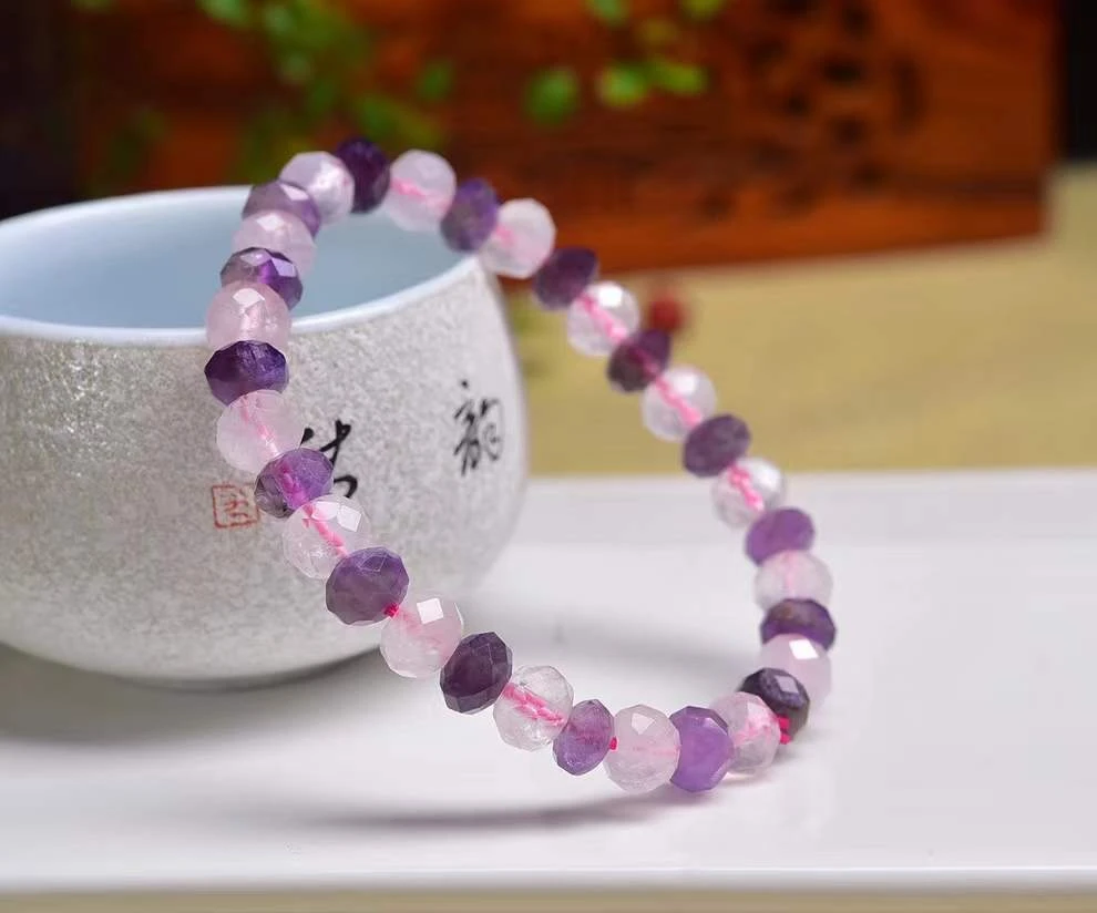天然粉水晶紫水晶盘珠刻面手链8mm九紫离火稳定情绪简约