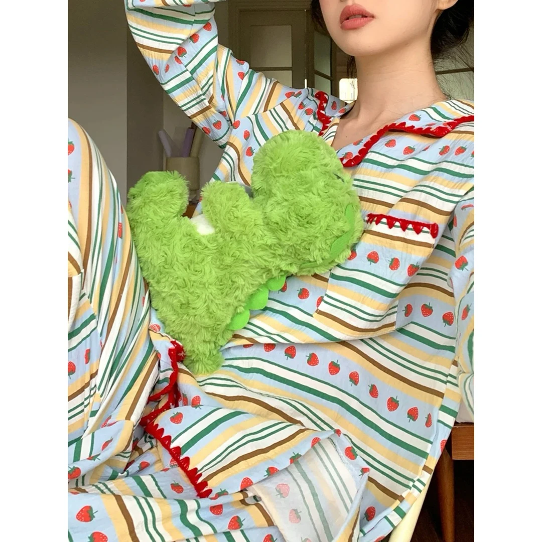春秋季甜美条纹长袖长裤舒适宽松可爱显瘦女士睡衣家居服套装