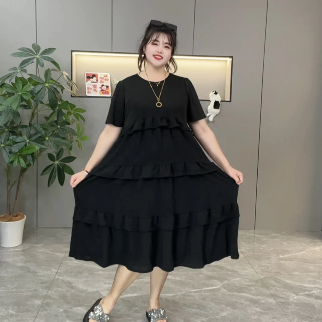 夏季新款9192气质复古设计款显瘦蛋糕过膝小黑裙遮肉减龄连衣裙