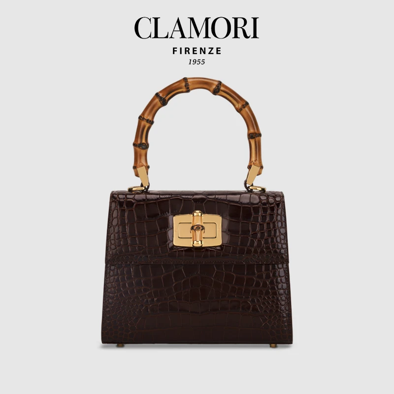 CLAMORI意大利中号新款正品小鳄鱼纹小牛皮高级感轻奢竹节手提包