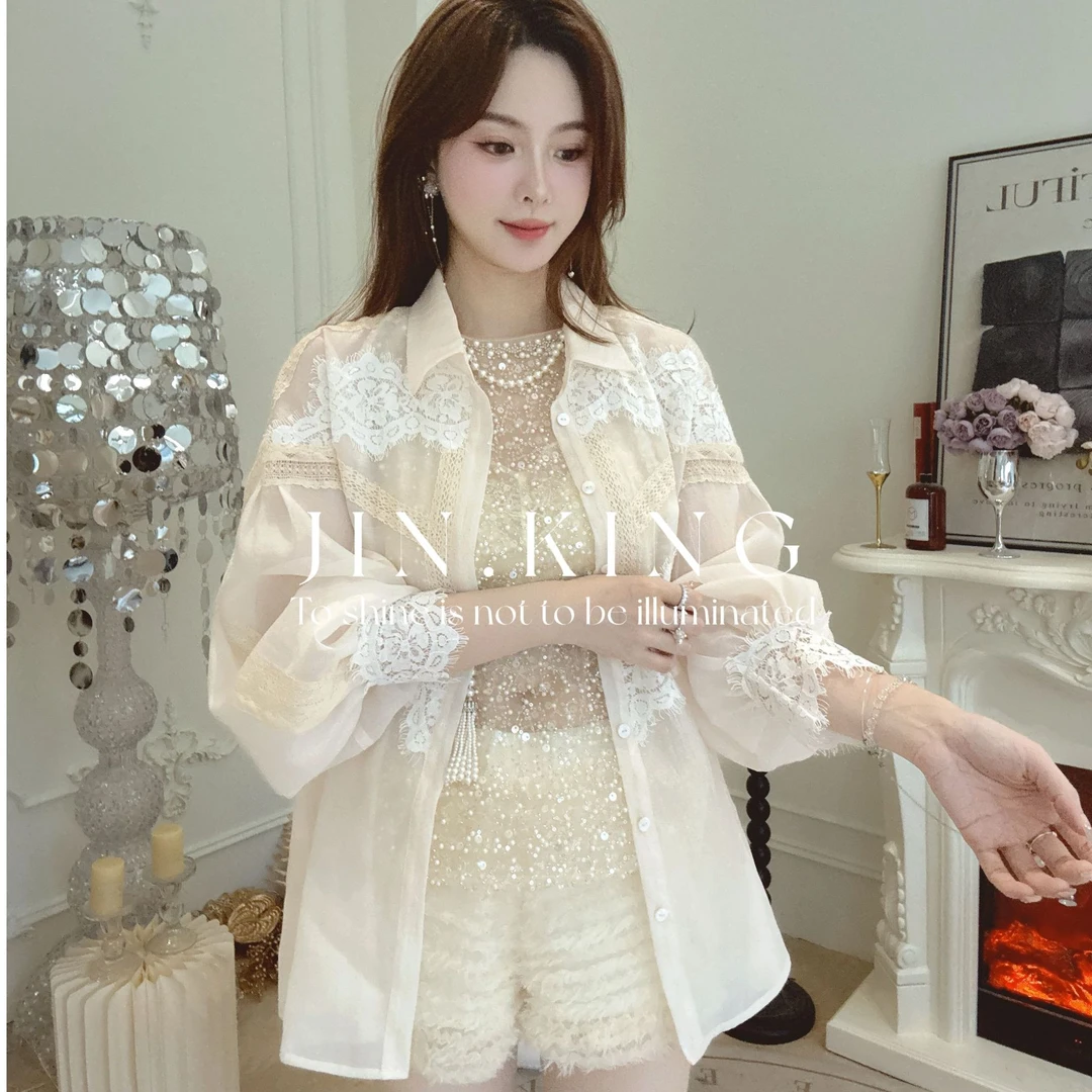 【JIN_KING现货】女装高奢显瘦法式亮片精致秋季女长袖衬衫J0029
