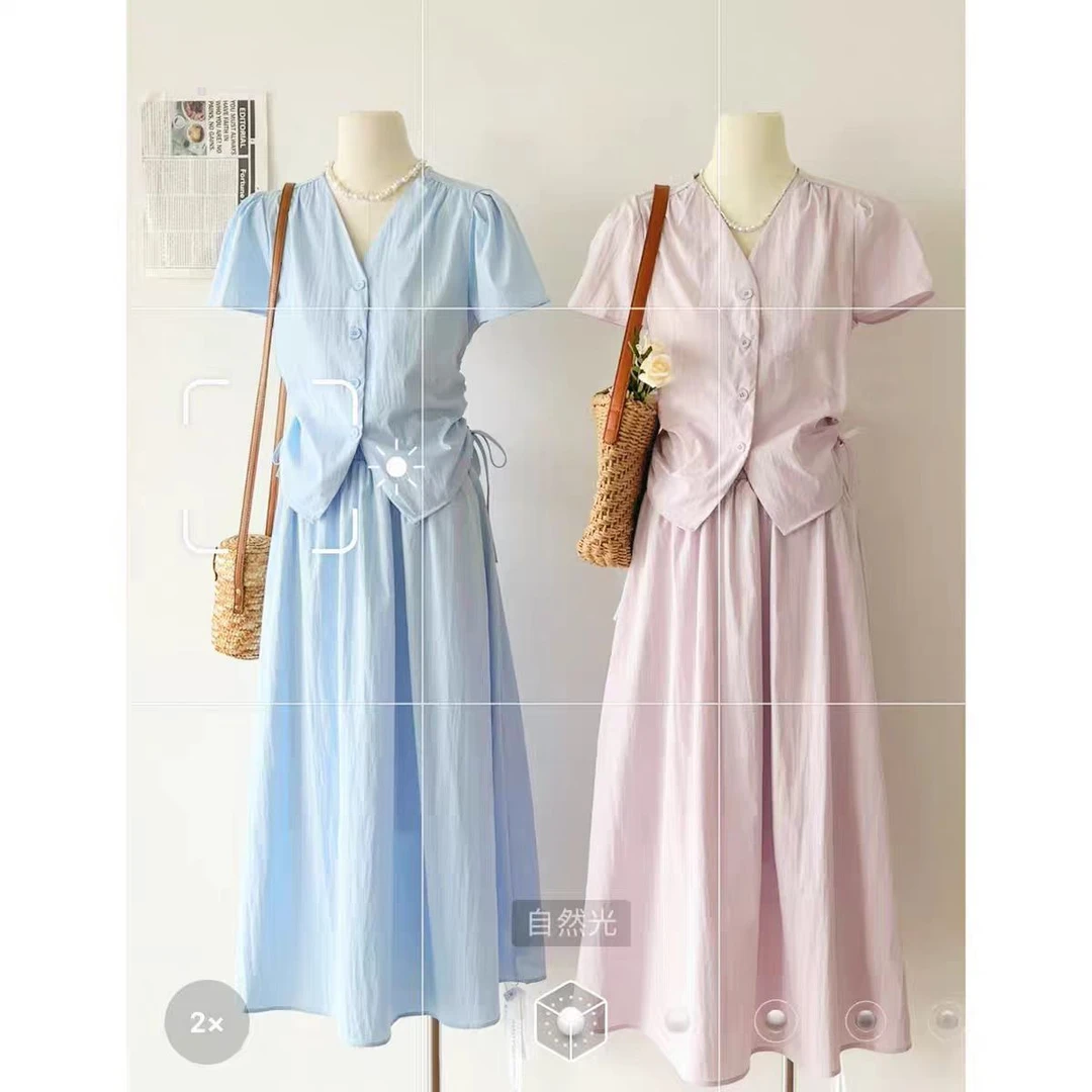 （唯依专属）新款韩系甜美V领抽褶显瘦百搭上衣+高腰半身裙套装1852