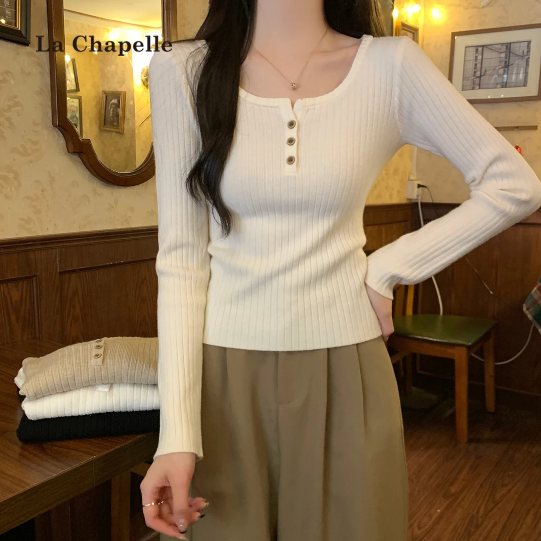 拉夏贝尔早秋韩版方领修身显瘦坑条纽扣内搭打底衫长袖针织衫毛衣