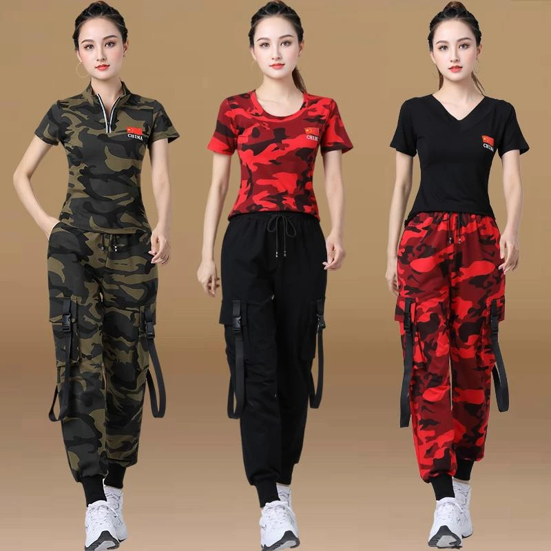 杨丽萍广场舞时尚曳步舞运动装夏季短袖新款迷彩上衣水兵舞服装女