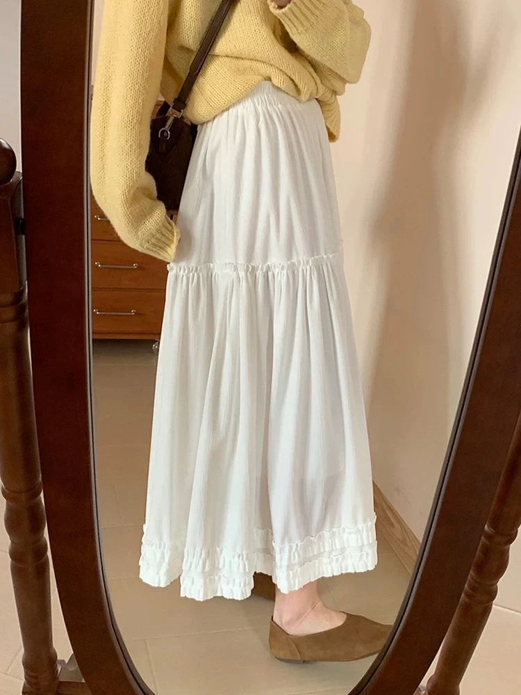 高腰木耳边半身裙A字大摆显瘦长裙半裙小个子白色百搭春夏宽松