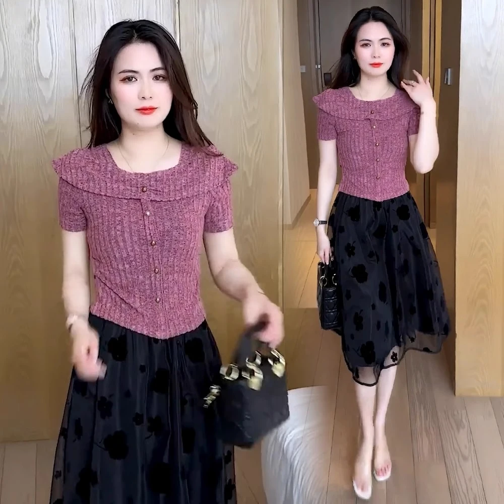 拉夏贝尔时尚休闲套装女夏季新款方领洋气修身上衣宽松显瘦半身裙