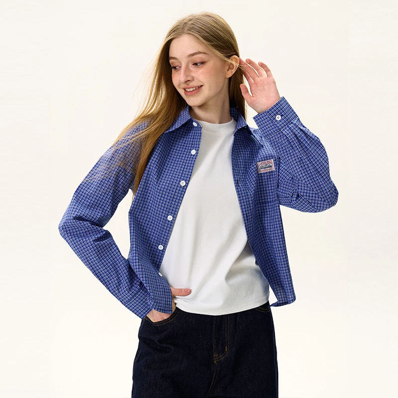 Don Cry 美式格子正肩长袖衬衫女街头POLO衫新款修身短款上衣潮牌