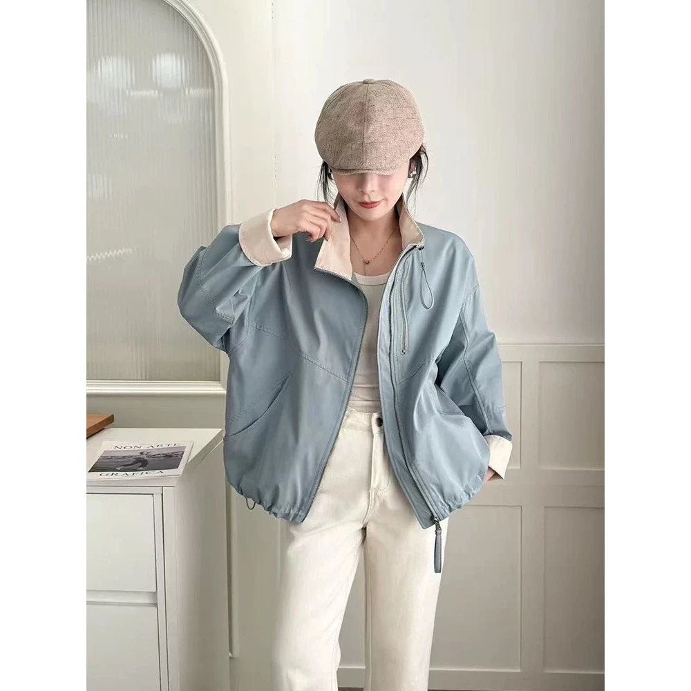 立领短款双拉链冲锋衣外套女春秋新款2025韩系薄款小个子夹克上衣