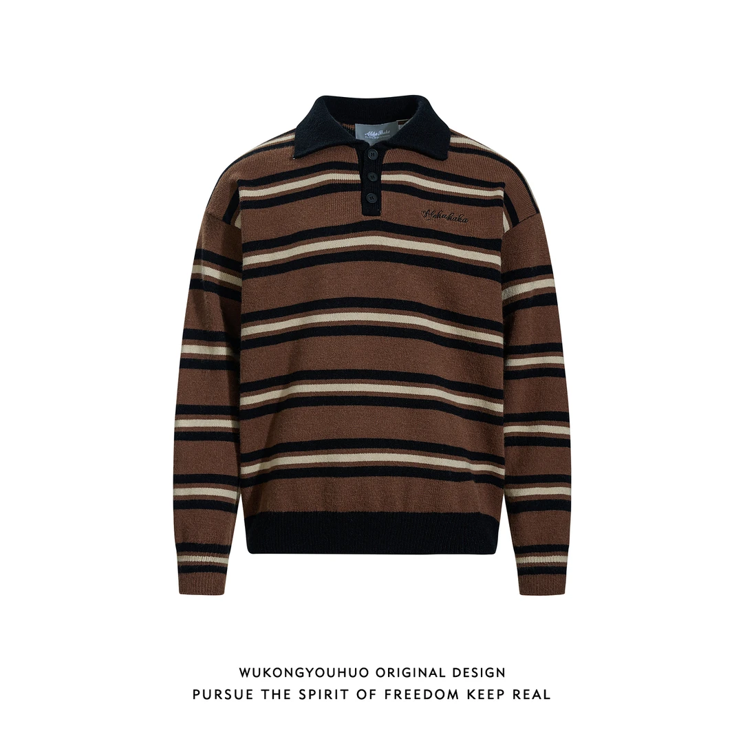 悟空有货复古老钱风条纹POLO领毛衣男女潮牌宽松情侣休闲针织上衣