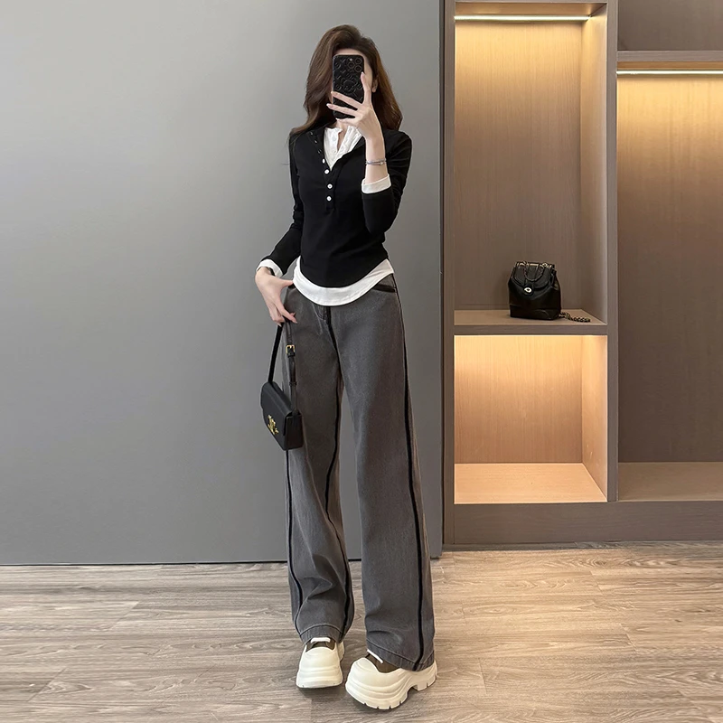 春秋新款时尚设计感显瘦气质黑色上衣灰色高腰牛仔长裤两件套潮