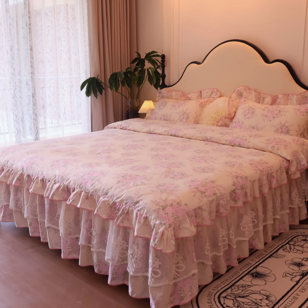 【真珍】浪漫花漾 全棉纯棉韩版公主风罩床防滑床裙床上四件套