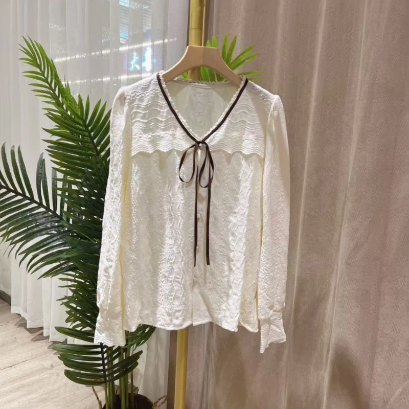 新品拼色系带小衫7192