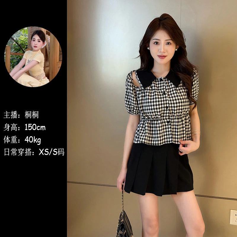 韩版小个子洋气甜美减龄短袖翻领泡泡袖短款格子露肩衬衫上衣女夏