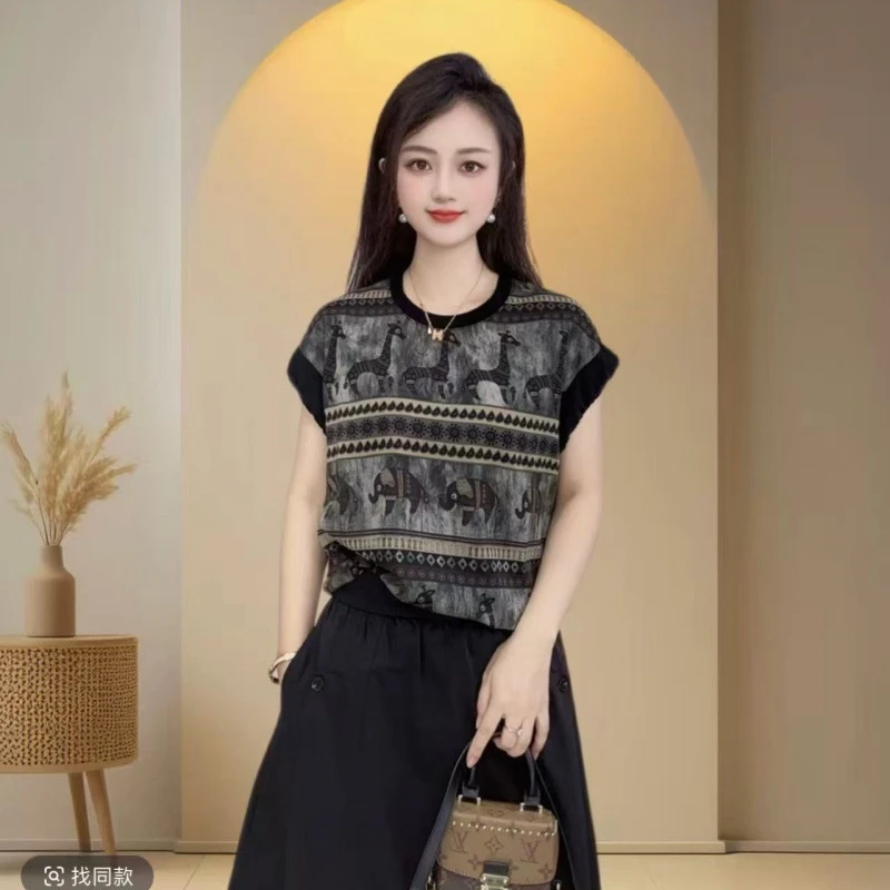 女装T恤宽松休闲妈妈装碎花休闲风朋克风夏季无袖款圆领潮流百搭