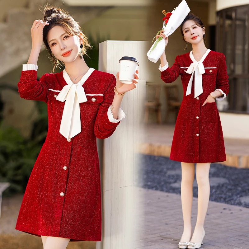 秋装新款小香风名媛气质收腰显瘦高级感洋气减龄长袖中长款连衣裙