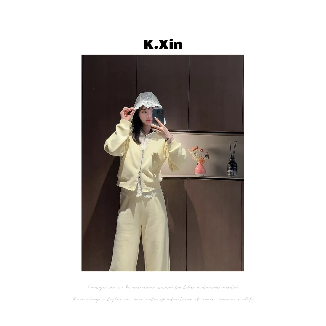 法式蕾丝连帽休闲运动套装气质浪漫休闲日常时尚小众IJ5421