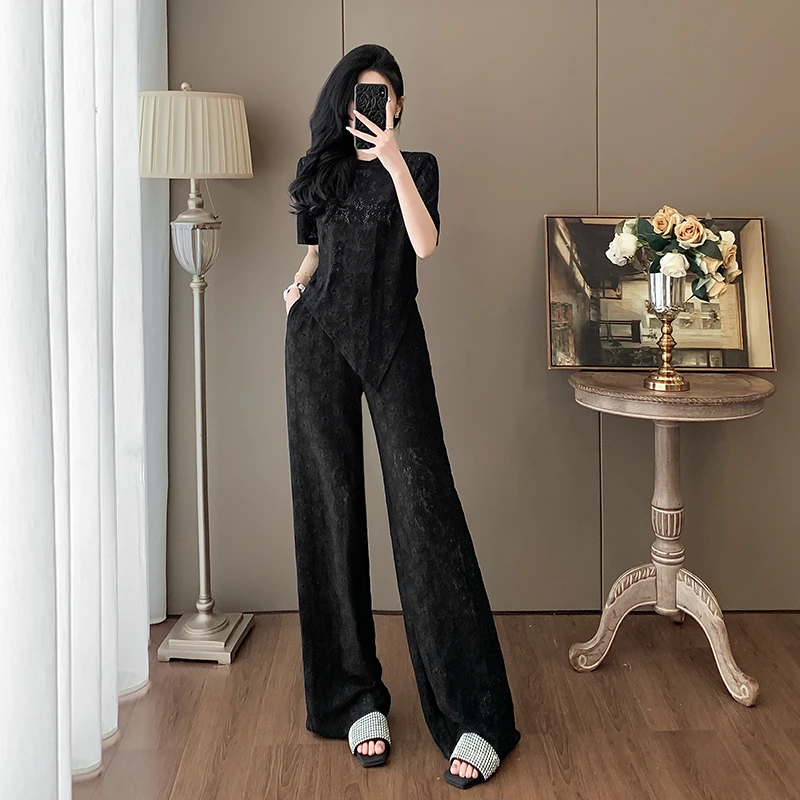 法式高级感时尚套装女2025夏设计感洋气蕾丝短袖上衣阔腿裤两件套