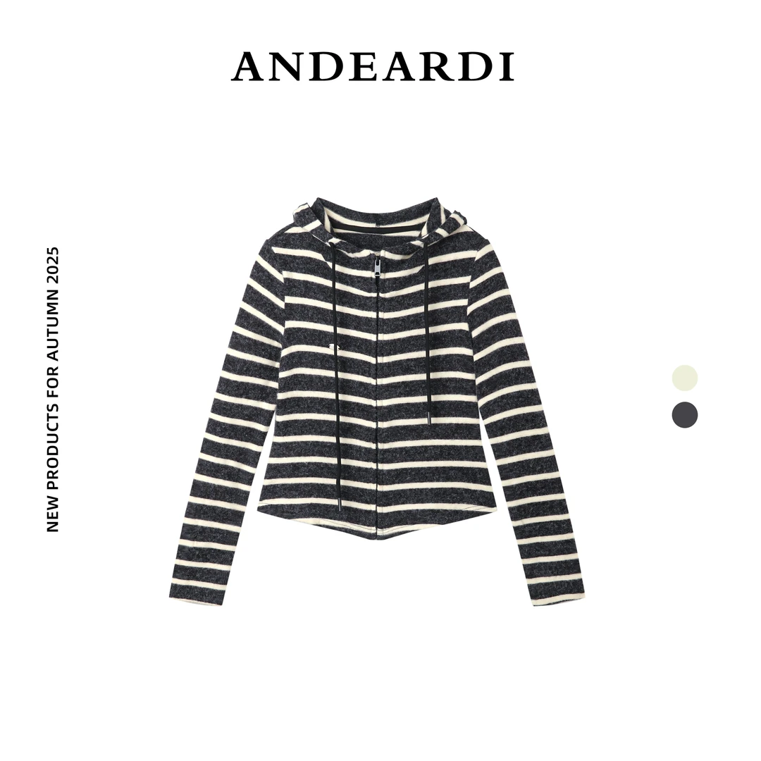 ANDEARDI时尚百搭设计师款条纹短款长袖连帽拉链开衫卫衣外套女