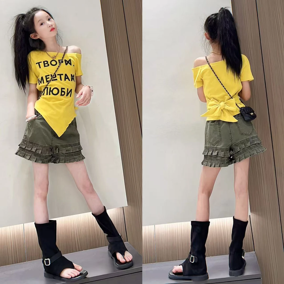 女童一字肩T恤2025夏季新款洋气儿童不规则短袖上衣大童夏装潮T恤