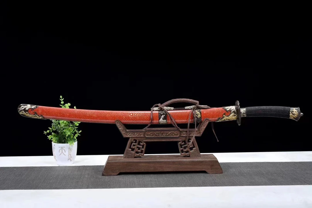 红色鱼皮雁翎刀锻打花纹钢绣春刀雁翎刀龙泉收藏宝刀冷兵器未开刃