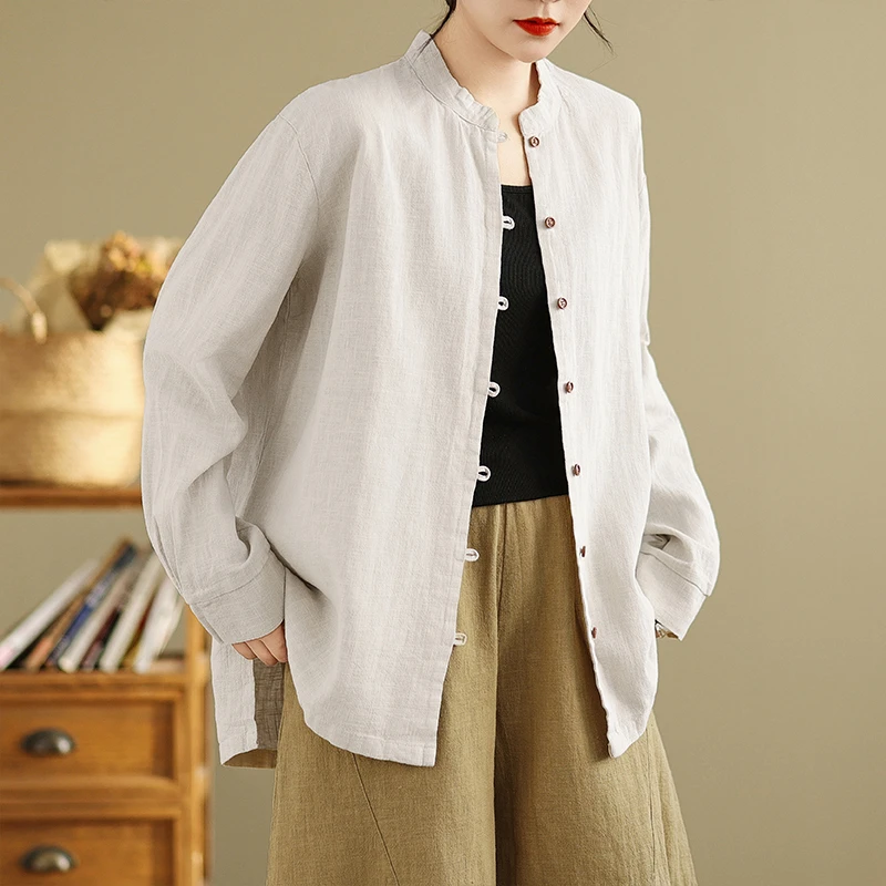 春秋新款中国风棉麻女装禅意风外搭新中式文艺立领外套长袖衬衣